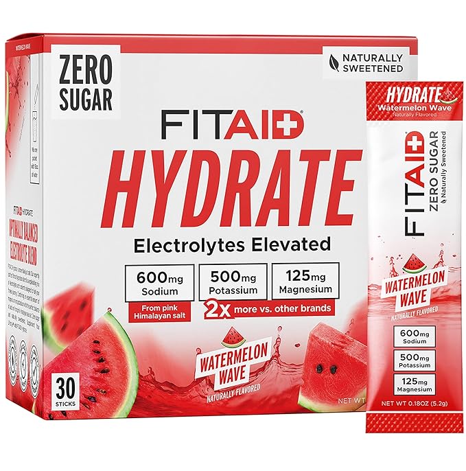 FITAID Hydrate Clean Electrolyte Mix, Zero Sugar, Balanced Electrolyte Ratios: 600mg Sodium, 500mg Potassium, 125mg Magnesium, Watermelon Wave, For Exercise & Active Hydration, 30 Sticks