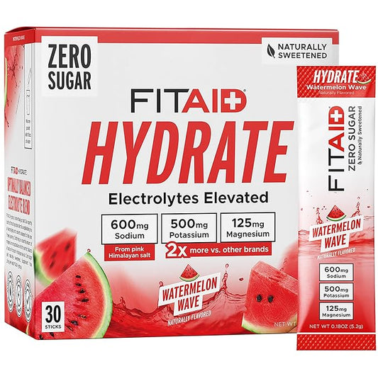 FITAID Hydrate Clean Electrolyte Mix, Zero Sugar, Balanced Electrolyte Ratios: 600mg Sodium, 500mg Potassium, 125mg Magnesium, Watermelon Wave, For Exercise & Active Hydration, 30 Sticks