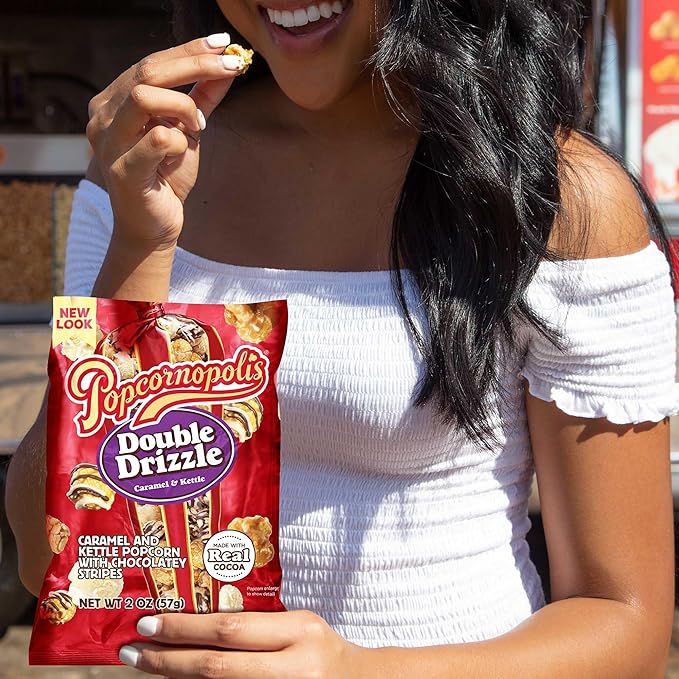 Popcornopolis Double Drizzle 6 ct, 2 oz Case, Caramel and Kettle with Chocolatey Stripes Flavored Indulgent Popcorn