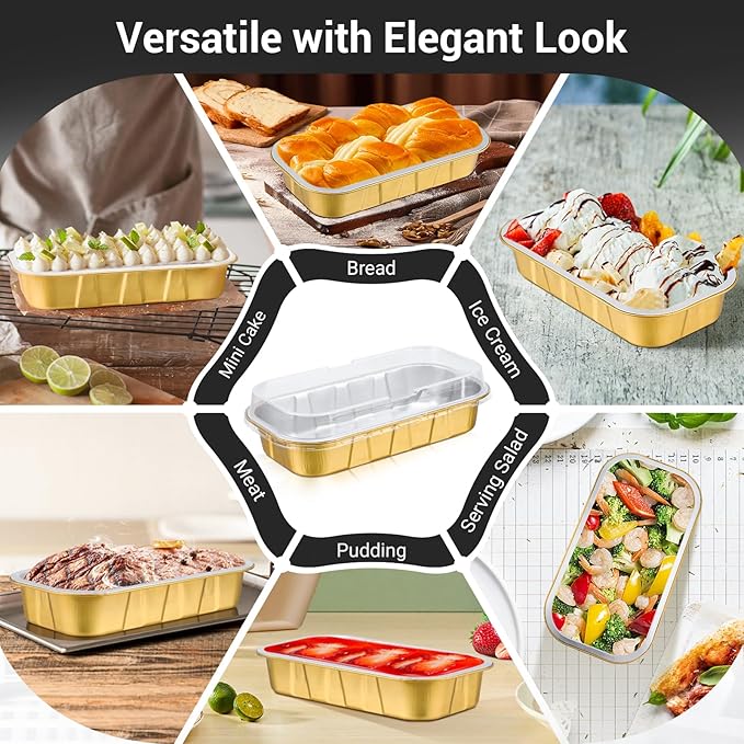 EUSOAR Disposable Ramekins with Lids, Gold 20.9oz 50pcs Mini Cake Pans with Lids，Disposable Bread Creme Brulee Muffin Ramekins Cupcake Cups Pan for Baking, for Party Favor Birthday