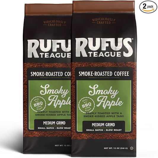 Rufus Teague Smoky Apple Flavored Ground Coffee, Gourmet Fresh Dark Roasted Coffee, Smoke Roasted Java, Medium Grind, 12 oz Bag, 2-Pack