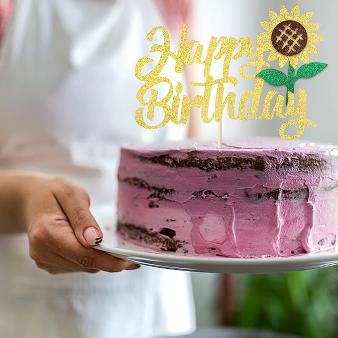 1 Pack Happy Birthday Cake Topper Glitter Sunflower Cake Pick Baby Shower Kids Birthday Summer Baby Shower Cake Decoration Party Supplies