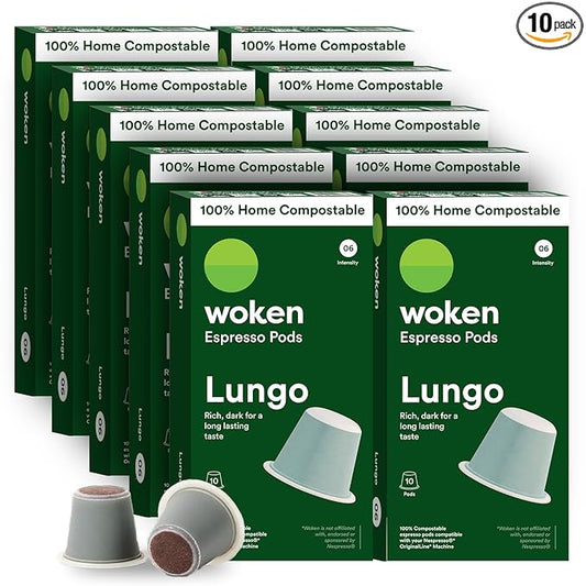WOKEN COFFEE Compostable Nespresso Pods - Lungo Medium Roast Italian Espresso Coffee Capsules Compatible With Nespresso Coffee Machine (100 Pod Count, 10 Boxes)