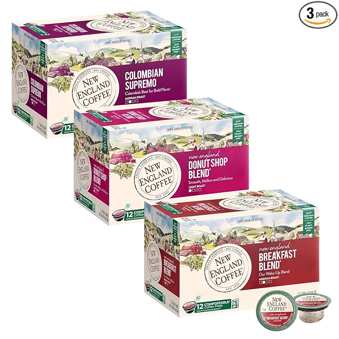 New England Coffee Variety Pack Single Serve Pods - Breakfast Blend/Colombian Supremo/Donut Shop, 12ct Box (Pack of 3)