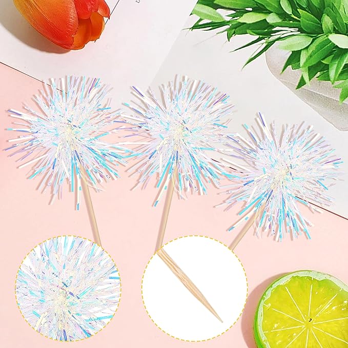Rsstarxi 30 Pack Foil Firework Cupcake Toppers Birthday Party Decorations Sparkle Tinsel Cocktail Food Fruit Toothpick for Valentine's Day Wedding Birthday Party Decorations Silver