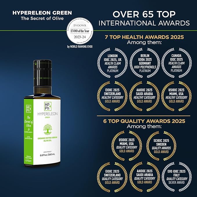 HYPERELEON GREEN | Premium, Organic, Exceptionally Rich in Polyphenols, Greek Extra Virgin Olive Oil Pure & Natural | Bio & Unfiltered | 16 Top Global HEALTH & NUTRITION Awards | 260ml (Pack of 1)