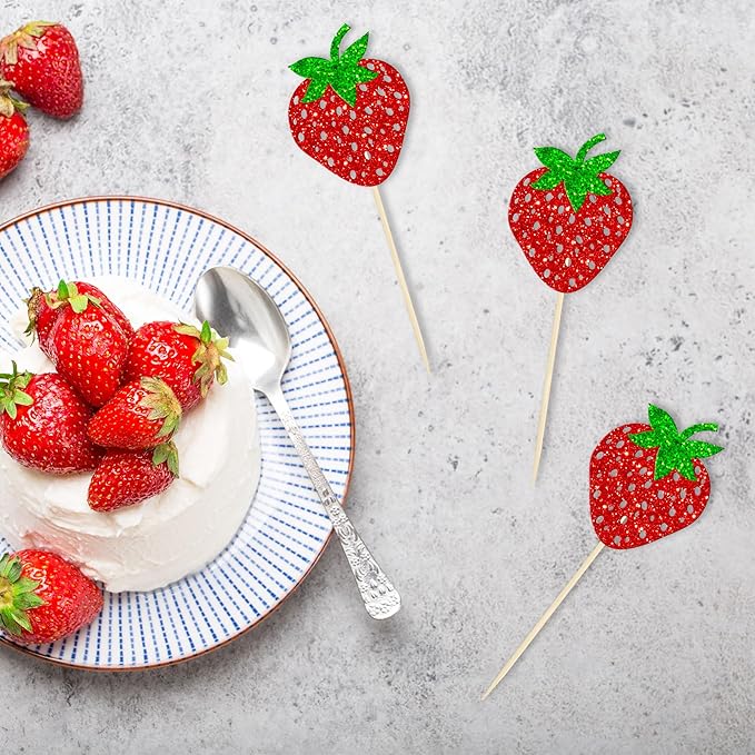 24 Pack Strawberry Cupcake Toppers Glitter Birthday Strawberry Cupcake Picks for Fruit Baby Shower Kids Birthday Summer Berry Cupcake Decorations Party Supplies Red