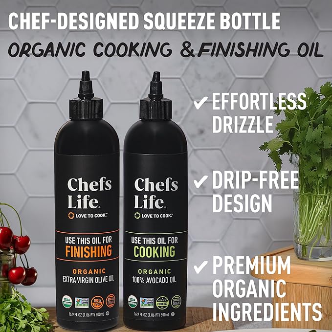 Chefs Life Organic Cooking Oil & Finishing Oil 2 Pack - Extra Virgin Olive and Avocado Oil, EVOO, Gift Set for Dipping, Dressing, Cooking, Single Origin, Non GMO - 16.9 Fl Oz (2 Bottle Gift Set)