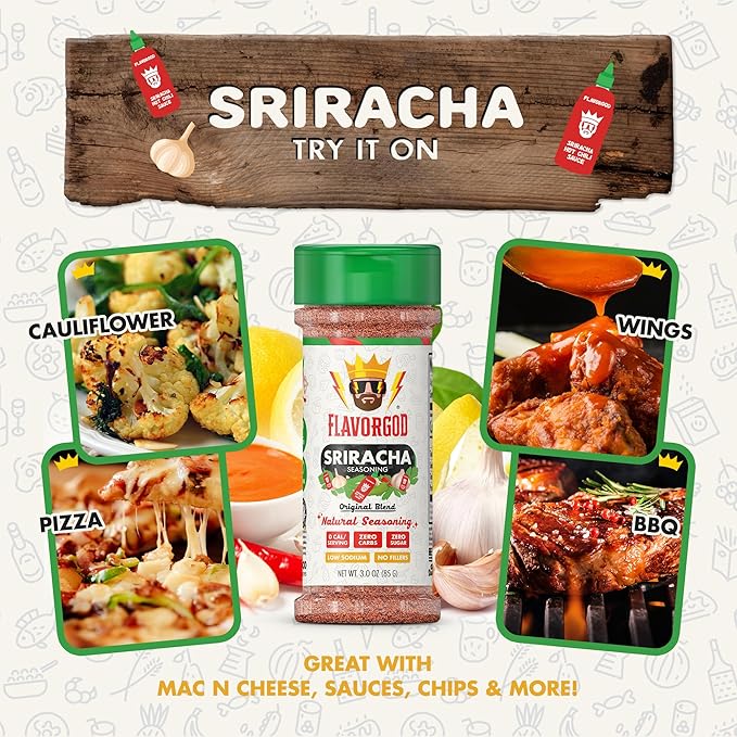 Sriracha Seasoning by Flavor God - Premium All Natural & Healthy Spice Blend for Chicken, Hot Dogs, Onion Rings, Popcorn, & Sliders - Kosher, Low Sodium, Gluten-Free, Dairy-Free, Paleo, Vegan-Friendly - Great Flavor Spices and Seasoning Gift