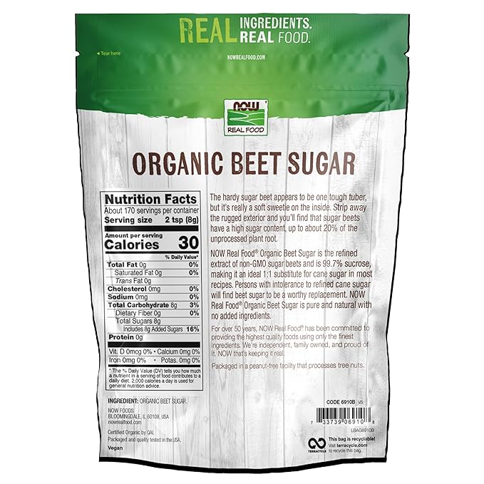 NOW Foods, Certified Organic Beet Sugar, Extracted from Organic Sugar Beets, Excellent Substitute for Cane Sugar, No Additivies or Fillers, Certified Non-GMO, 3-Pound (Packaging May Vary)