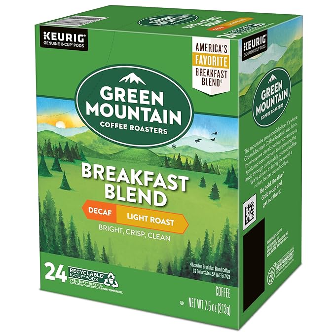 Green Mountain Coffee Roasters Breakfast Blend Decaf Coffee, Keurig Single Serve K-Cup pods, Light Roast, 96 Count