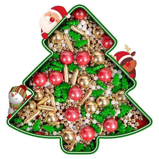 Christmas Tree Sprinkles for Cake Decorating,130g Red Gold and White Pearl,Gold Rods Green Trees Mixed,Edible Sugar Holiday sprinkle for Cupcake Toppers, Cookie, Ice Cream Decorations Christmas Party Supplies
