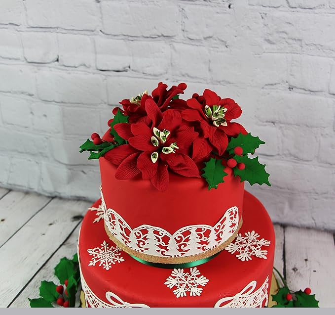 Global Sugar Art Small Poinsettia Christmas Kit Sugar Cake Flowers & Holly Leaf Sprays, 3 Piece set by Chef Alan Tetreault. Christmas & Holiday Cakes, Yule Logs & Gingerbread Houses