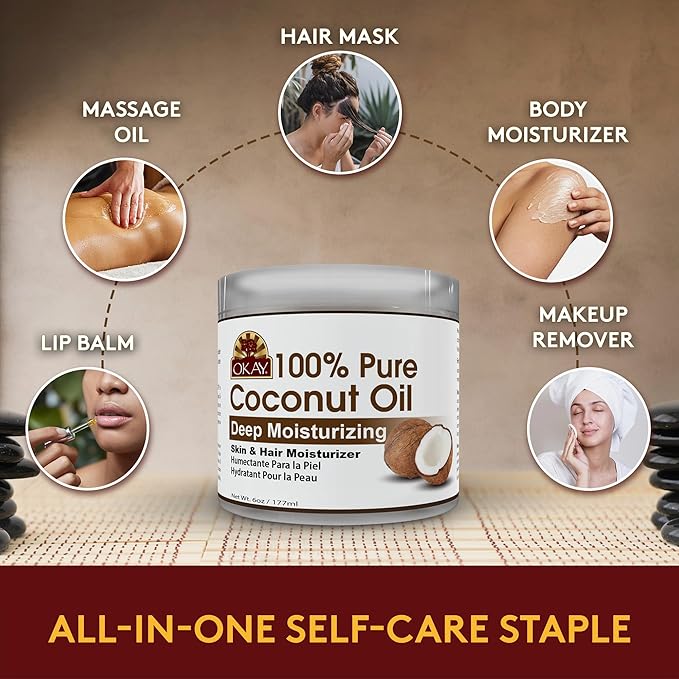 Okay 100% Pure Coconut Oil for Hair & Skin - Coconut Oil for Women & Men, Perfect for Body & Face, Natural Massage Oil & Moisturizer - 6 Fl Oz Jar (Pack of 2)