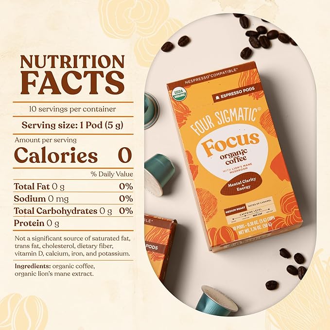 Four Sigmatic Focus Coffee Pods Compatible with Nespresso Original | Organic Medium Roast Espresso with Added Focus | Mushroom Coffee Enhanced with Lion's Mane | Medium Roast 10ct