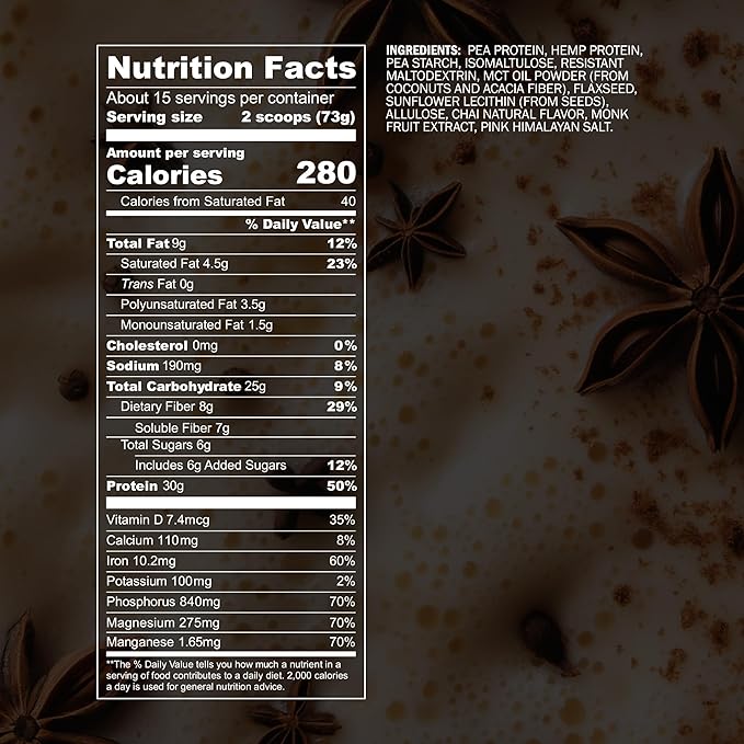 Blueprint by Bryan Johnson Vegan Protein Meal Replacement ??Plant Based Hemp Protein with 27g Protein Per Serving ??Low Calorie, Chai Flavored Protein for Women & Men ??Dairy Free??15 Servings