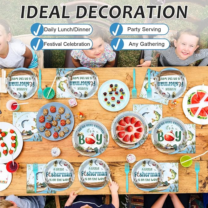 96Pcs A Little Fisherman Is On The Way Plates and Napkins Baby Shower Party Decorations Gone Fishing Dessert Disposable Plates It's A Boy Tableware Set for 24 Guests Baby Boy Birthday Party Supplies