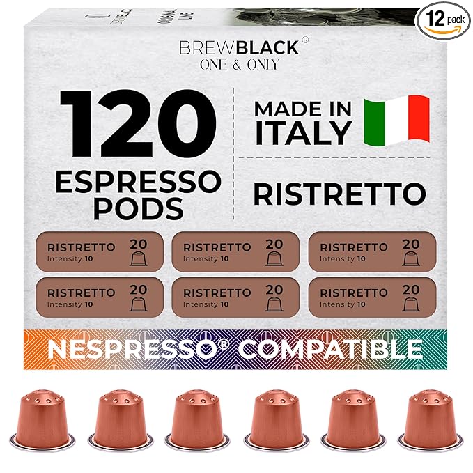 BrewBlack Ristretto Coffee Capsules - 120 Aluminum Coffee Pods Compatible with Nespresso Original line, Medium Roast - Intensity 10/12, Made in Italy