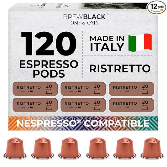BrewBlack Ristretto Coffee Capsules - 120 Aluminum Coffee Pods Compatible with Nespresso Original line, Medium Roast - Intensity 10/12, Made in Italy