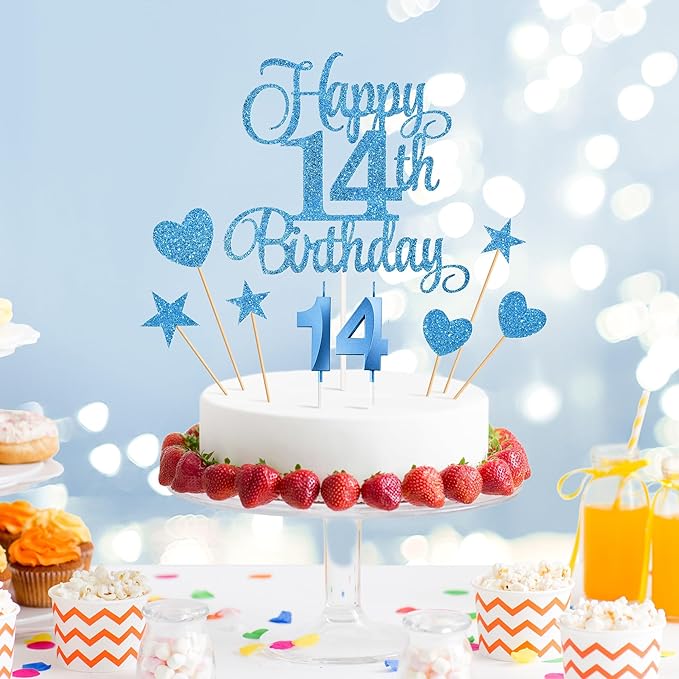14th Birthday Cake Decorations, 14th Birthday Candles Cake Numeral Candles and Glitter Happy 14th Birthday Cake Toppers Set for Birthday Party Supplies (Blue)