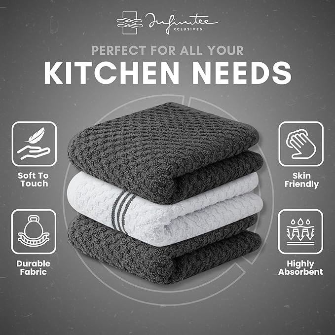 Infinitee Xclusives Premium Kitchen Towels ??Pack of 3, 100% Cotton |15 x 25| Inches Absorbent Dish Towels - Terry Kitchen Dishcloth Towels - Grey Dish Cloth for Household Cleaning