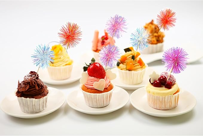 10PCS Foil Firework Cupcake Toppers, Takemay Happy Birthday Cake Toppers, Sparkle Tinsel Flower Drink Stirrers Cocktail Food Fruit Toothpicks for Party Birthday Wedding Ceremony