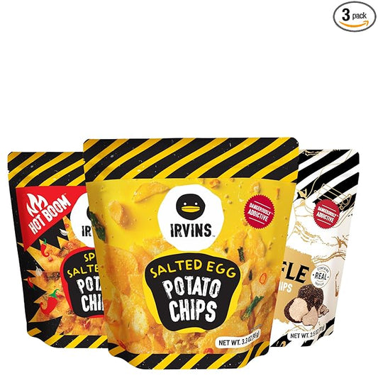 IRVINS Potato Chips Crisps Variety Pack Of 3: Salted Egg Potato Chips (3.7 oz), Spicy Salted Egg Potato Chips (3.7 oz), Truffle Potato Chips (2.5 oz)