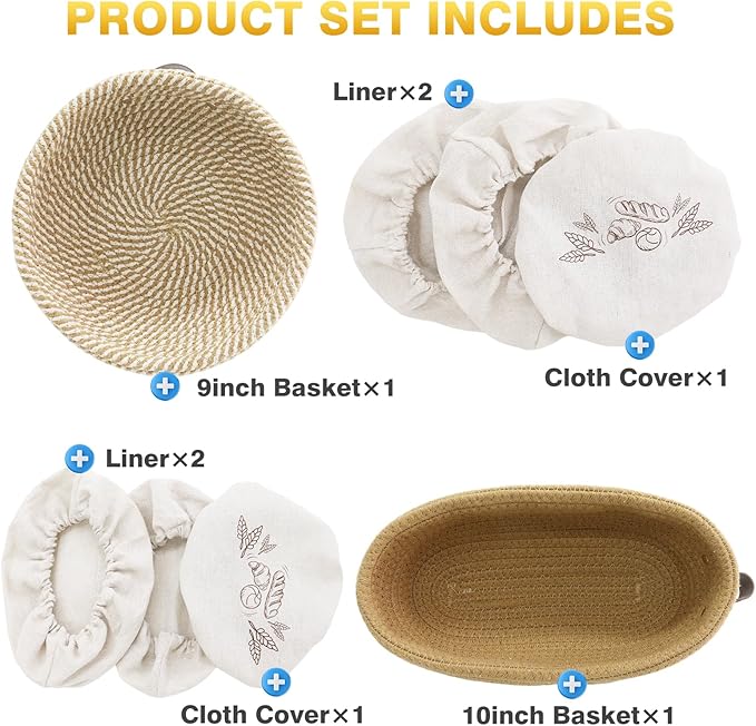 Banneton Bread Proofing Basket Set of 2, 9 10 11 inches Round & Oval Cotton Rope Sourdough Bread Baking Supplies Proofing Bowls with Liners & Covers Gifts for Bakers Women Wife Mom