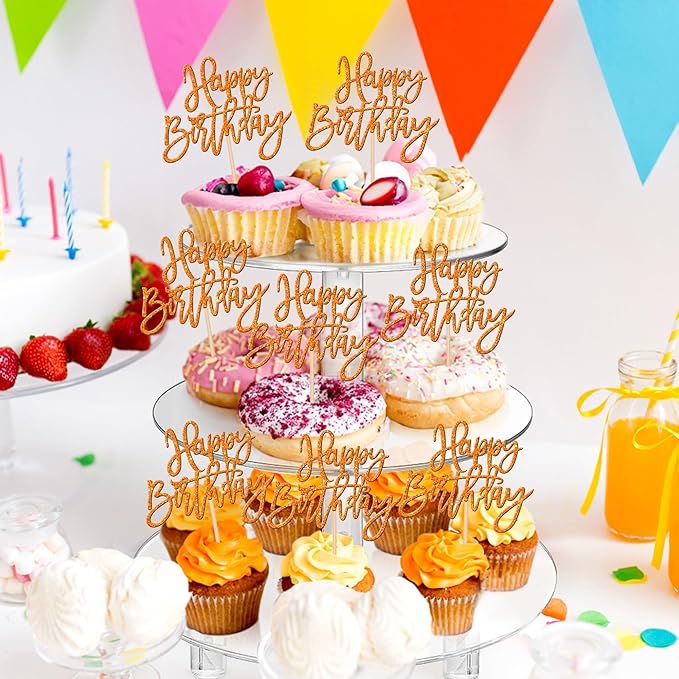 24 PCS Glitter Cupcake Toppers - Happy Birthday & Anniversary Picks - Orange