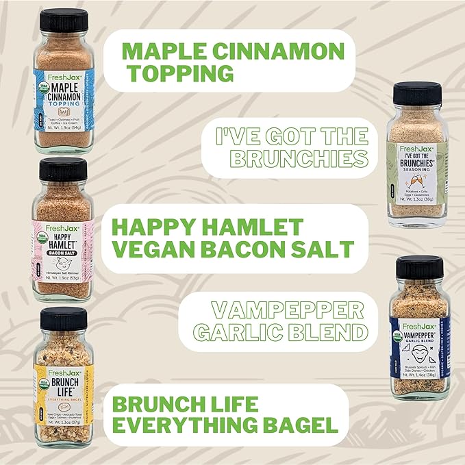 FreshJax Breakfast Seasoning Gift Set ??5 Organic Spices: Maple Cinnamon, Brunch, Bacon Salt, Garlic Blend, Everything Bagel ??Gift Set for Dads