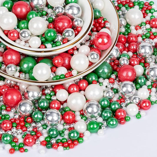 Twisweet Christmas Sprinkles, Edible Pearls for Cake Decorating, Red Green Silver Sugar Sprinkles for Baking, Mix Size Candy Pearls, Cake Topper Ice Cream Cupcake Cookie Toppings Dessert Decorations, Holiday Christmas Party Supplies (130g/4.58oz)