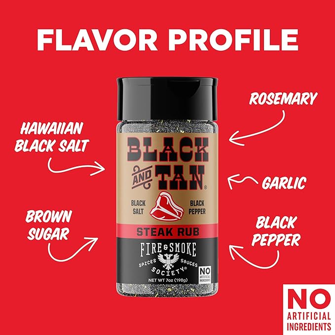 Fire & Smoke Society Black & Tan Steak Seasoning | BBQ Rubs, Steak Rub for Smoking and Grilling Meat | Steaks, Brisket, Burgers Dry BBQ Rubs and Spices | Medium 7 oz