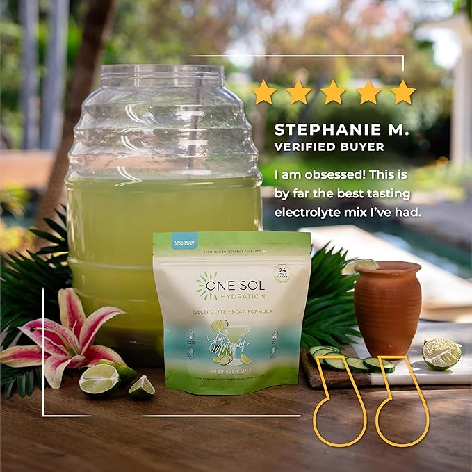 One Sol Hydration - Cucumber Lime - 24x On The Go Stick Packs - Electrolyte Powder Drink Mix - Energy Boost & Burn - Third Party Tested