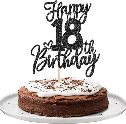 1 PCS Happy 18th Birthday Cake Topper Glitter Cheers to 18 Years Birthday Cake Pick Eighteen Hello 18 Fabulous Cake Decoration for Happy 18th Birthday Anniversary Party Decorations Supplies Black