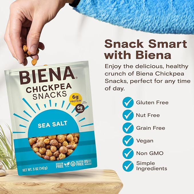 BIENA Chickpea Snacks - Crunchy Roasted Chickpeas - High Fiber Vegan Protein Snacks for Adults and Kids - 4-Pack, 5 Ounce Bags - Sea Salt