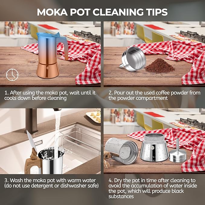 Uncoated 6 Cup Moka Pot 304 Thickened Stainless Steel Coffee Maker Stovetop Espresso Coffeemaker Italian Classic Style Brewing Greca Cafe Mocha Machine for Cafeteras Camping Travel Home 300ml 10oz
