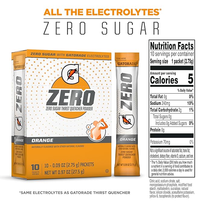 Gatorade G Zero Sports Drink Mix Powder Packets, Orange, Electrolyte Powder Drink Mix for Hydration, Zero Sugar, Total 120 Packets