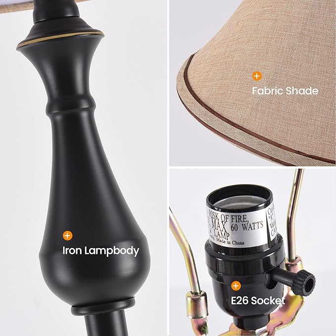 3-Piece Lamp Set (Table & Floor), Black Finish Vintage Brown Fabric Shades for Bedroom