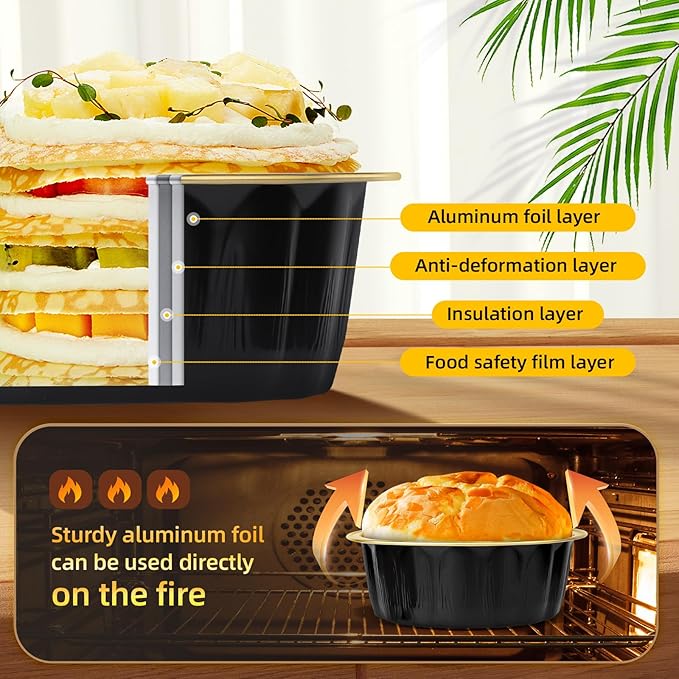 Beasea Creme Brulee Disposable Ramekins with Lids, 120 Pack 8 oz 4 Inch Mini Aluminum Foil Baking Cups Black Gold Small Round Cupcake Tart Pie Tins Pans Individual Containers Oven Safe for Baking