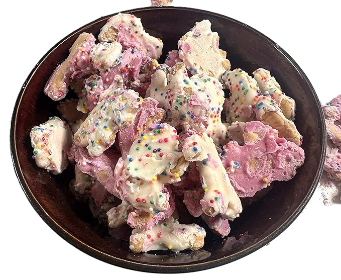 Pink and White Yogurt Coated Animal Crackers - 1 lb of Fresh Gourmet Sweet Creamy Covered Dipped Animal Crackers with Rainbow Non Pareil Beads in Resealable Bag