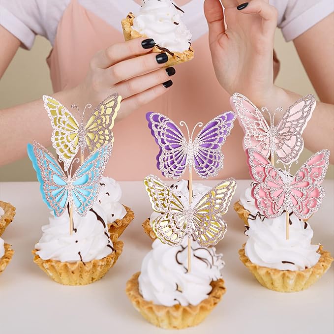 Rsstarxi 24 Pack Butterfly Cupcake Toppers Glitter Double Layers 3D Cupcake Picks Baby Shower Cake Decorations for Wedding Engagement Bridal Shower Birthday Party Supplies