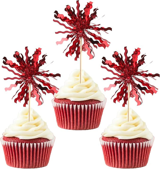 Rsstarxi 30 Pack Red Foil Firework Cupcake Toppers Red Sparkle Tinsel Drink Cake Decorations Cocktail Food Toothpicks for Happy Valentine's Day Birthday Wedding Graduation Party Decorations