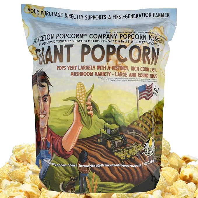 Princeton Popcorn Mushroom Hulless Popcorn Kernels ??Easy-Eating, Ball Shaped Tender Popping Corn, Non-GMO Popcorn Kernels, No Hulls, Farmer Direct, Microwave Air Popper or Stovetop Bulk Bag 8lbs