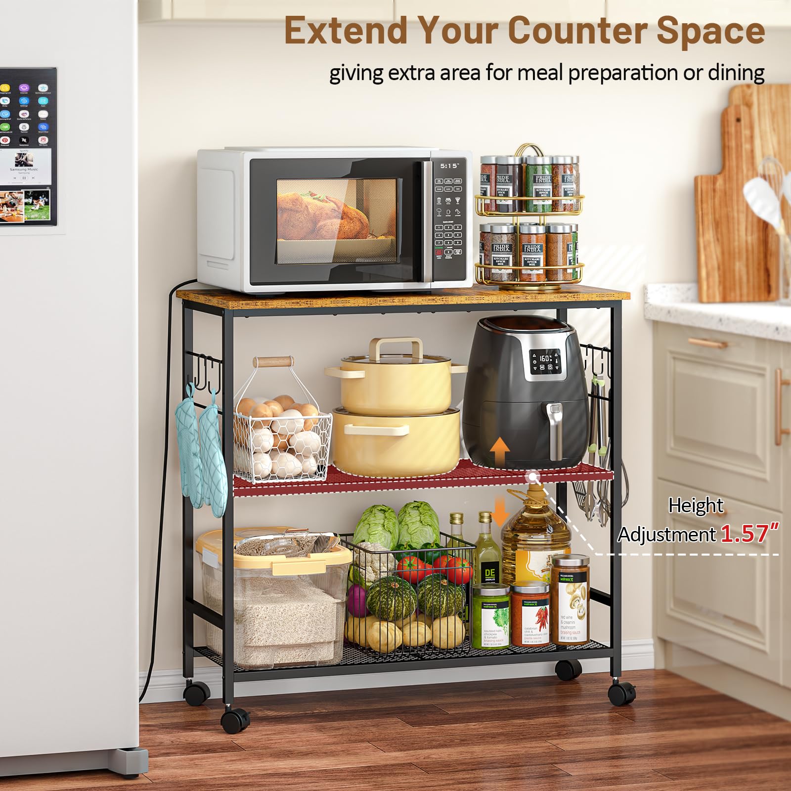 3 Tier Rolling Kitchen Microwave Cart, 33 Inch Microwave Table Stand with Adjustable Shelf, Kitchen
