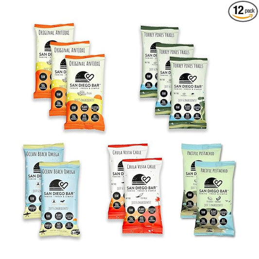 San Diego Bar | Raw, Vegan, Gluten & Soy Free Nutrition Meal Bar with No Added Sugars - 10g Protein from Only 6 All Natural Whole Food Ingredients. (2.22 Oz Energy Bars, Variety 12 Pack)