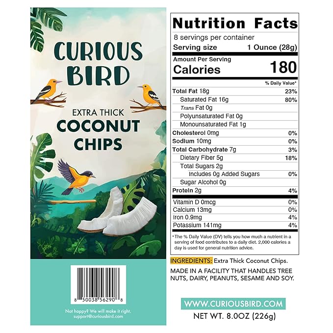 Curious Bird Extra Thick Coconut Chips - Unsweetened - Sulfite Free - 8 Ounces
