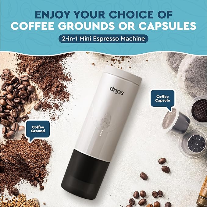 drips Portable Electric Espresso Machine with 3-4 Minute Self-Heating, 20 Bar Mini Coffee Maker Compatible with NS Capsule & Ground Coffee for Camping, Travel, Hiking, Office (Matte Black)