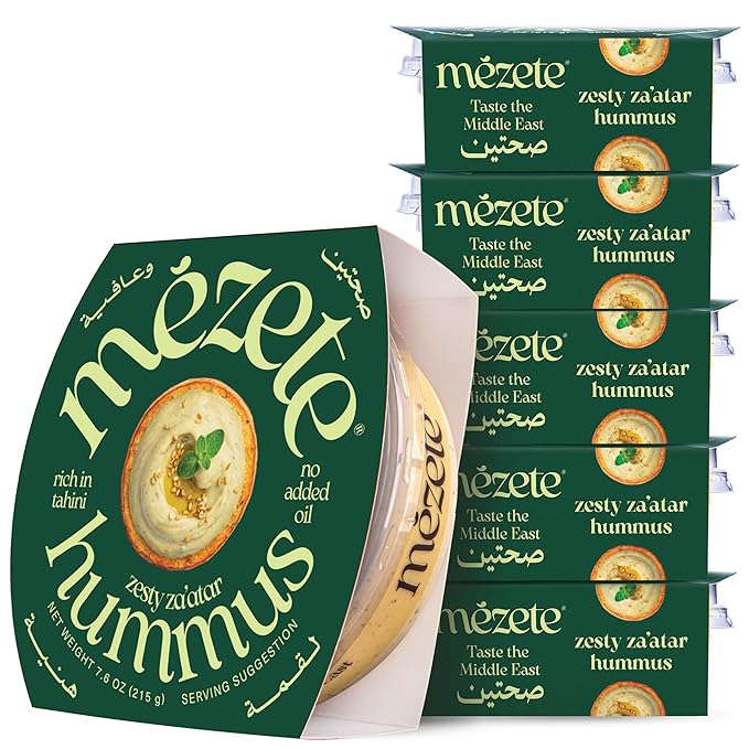 Mezete Authentic Middle Eastern Hummus | Zesty Za'atar(Thyme) | All-Natural | On the Go Spread & Dip | No Preservatives | Gluten-Free | Shelf-Stable | 180g (Pack of 6)