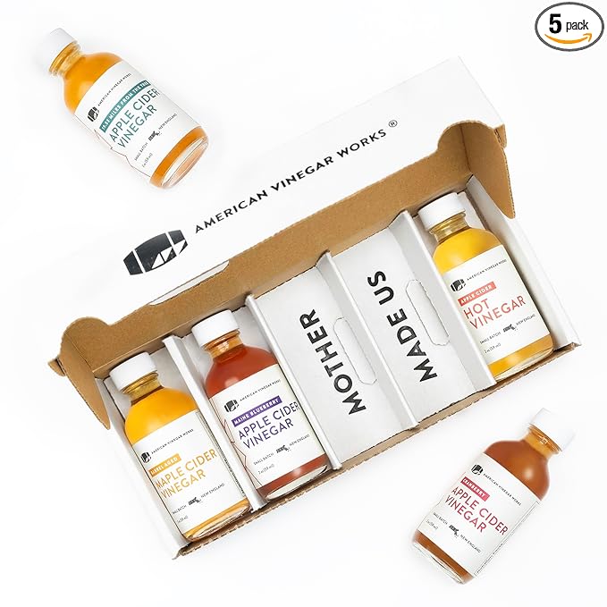 American Vinegar Works - Apple Cider Vinegar Sampler Pack - Includes Apple, Cranberry Apple, Hot Apple, Wild Blueberry, and Maple Cider Vinegars - Great for Gifts - 2oz Bottles - 5 Pack