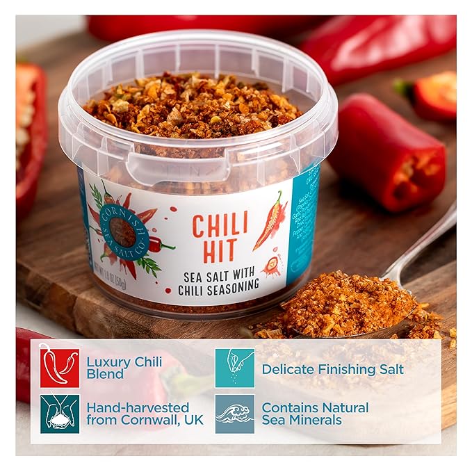 Cornish Sea Salt Chili Hit Seasoning | Cooking & Hydration | Hand-Harvested in Celtic Waters | 1.8 oz Resealable Tub (Pack of 2)
